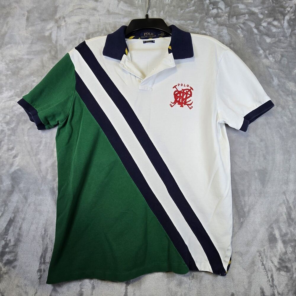 Polo Ralph Lauren L Custom Fit White Green Colorblock Polo Shirt Diagonal Stripe